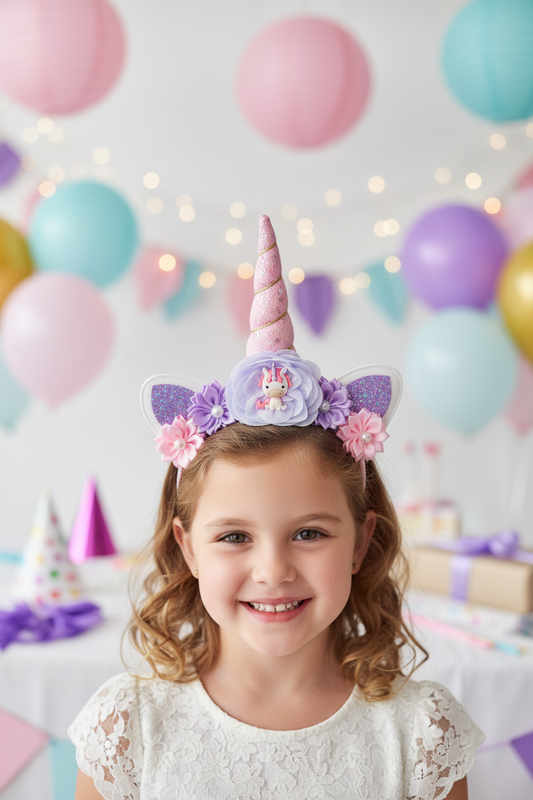 Girl wearing purple pink unicorn headband at birthday party