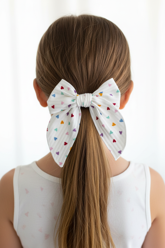 Girl wearing rainbow hearts bow on low ponytail - back view
