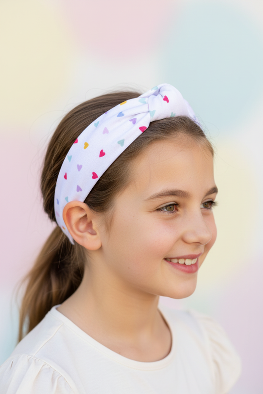 Girl wearing Rainbow Hearts Headband behind ears from side view