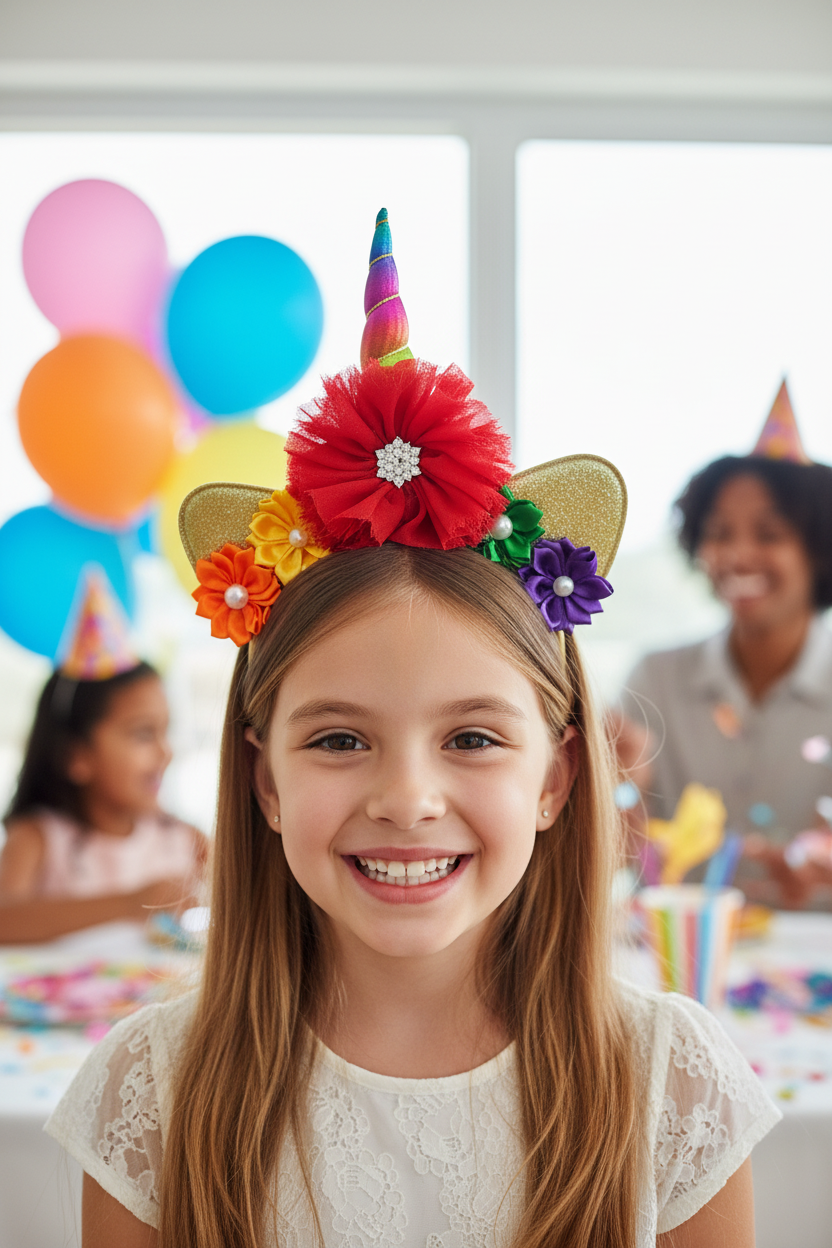 Girl wearing rainbow unicorn headband at birthday party