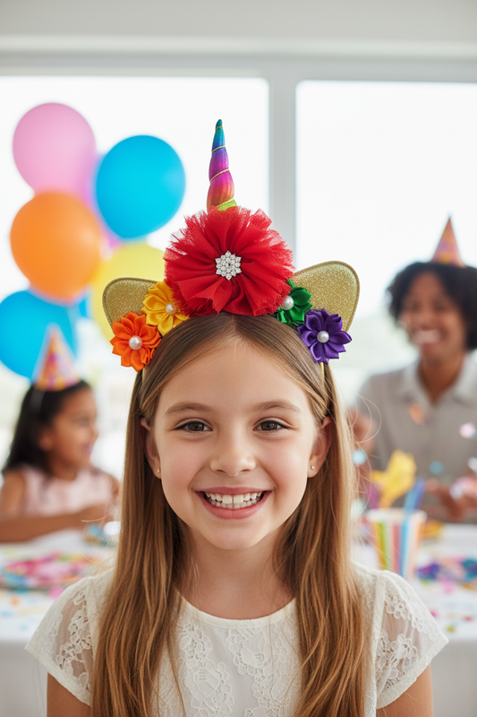 Girl wearing rainbow unicorn headband at birthday party