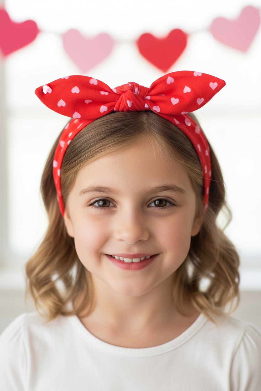 Girl wearing red hearts headband