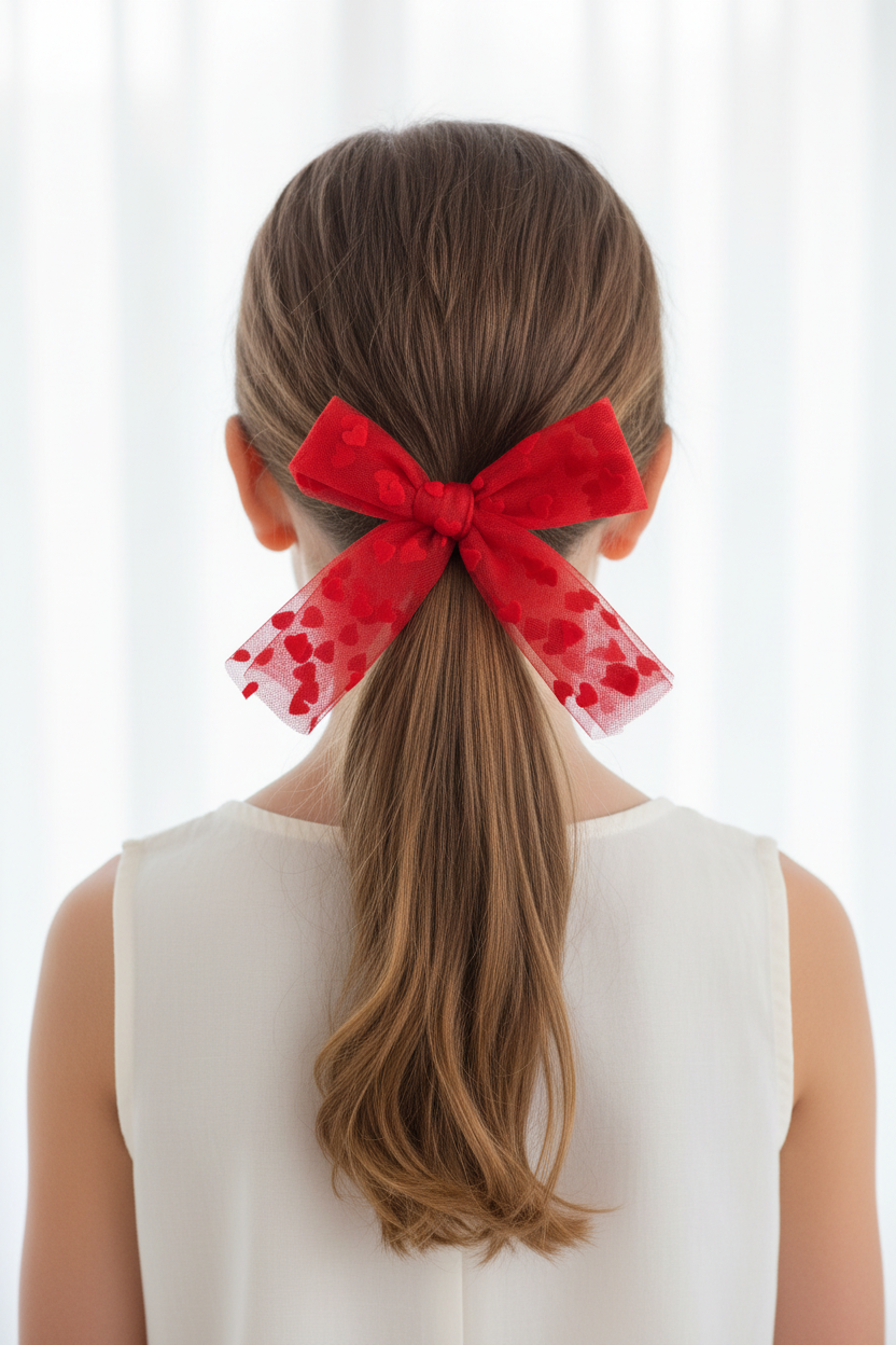 Girl wearing red tulle heart bow on low ponytail - back view