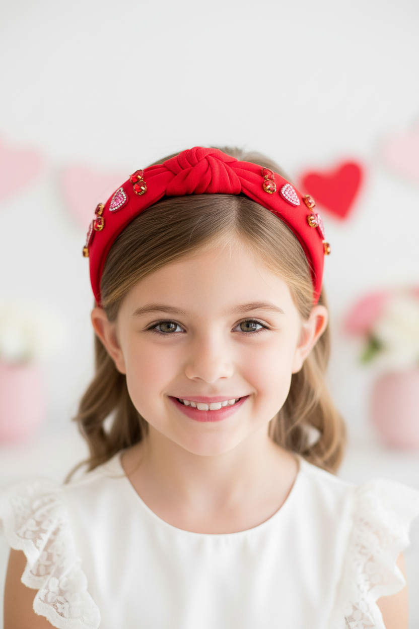 Girl wearing rhinestone hearts headband