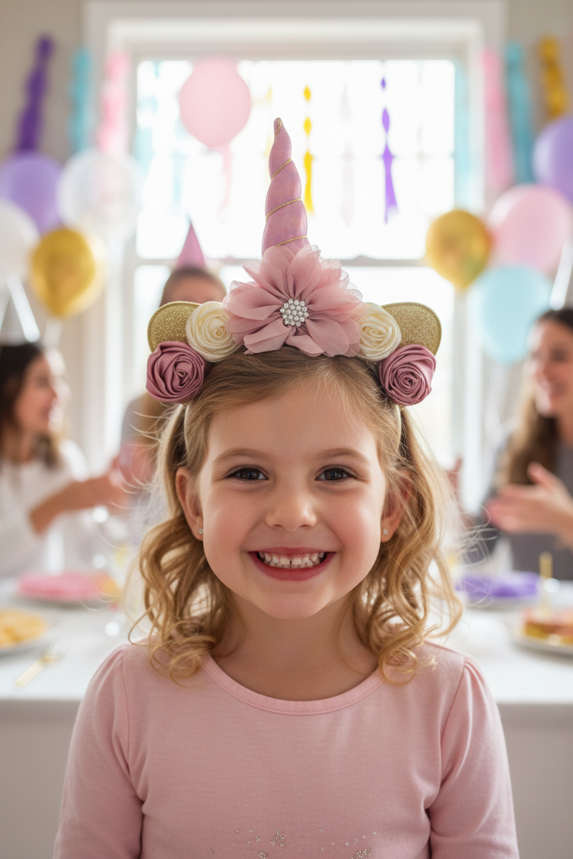 Girl wearing rose gold and ivory unicorn headband at birthday party