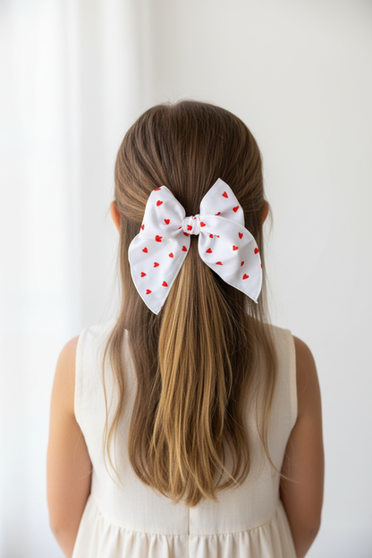 Girl wearing small red hearts bow on low ponytail - back view