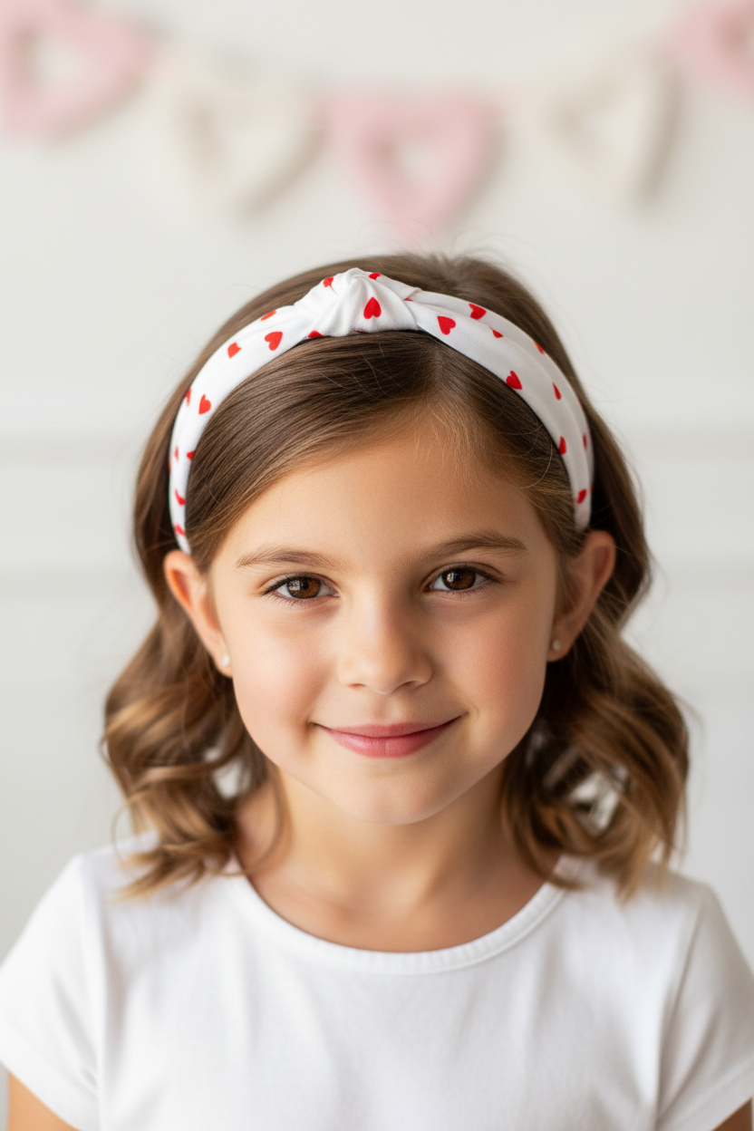 Girl wearing small red hearts headband