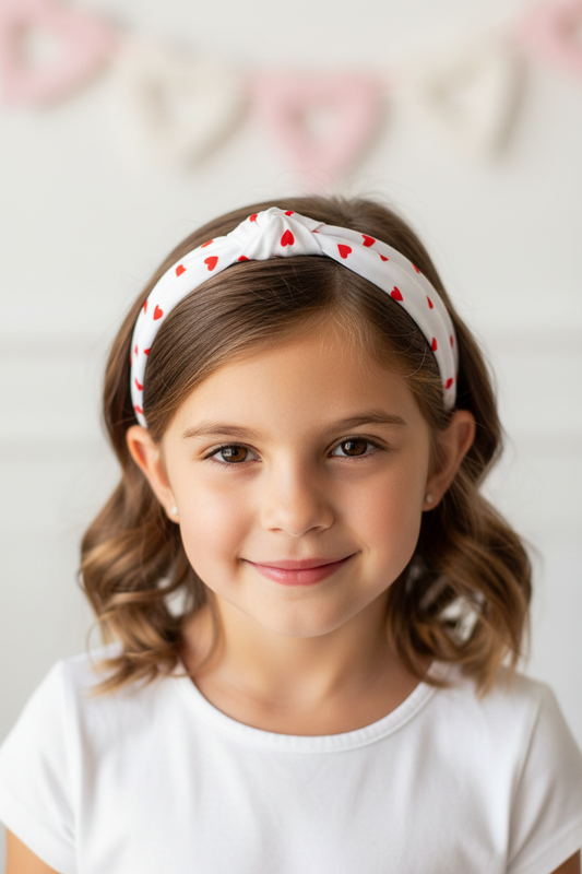 Girl wearing small red hearts headband