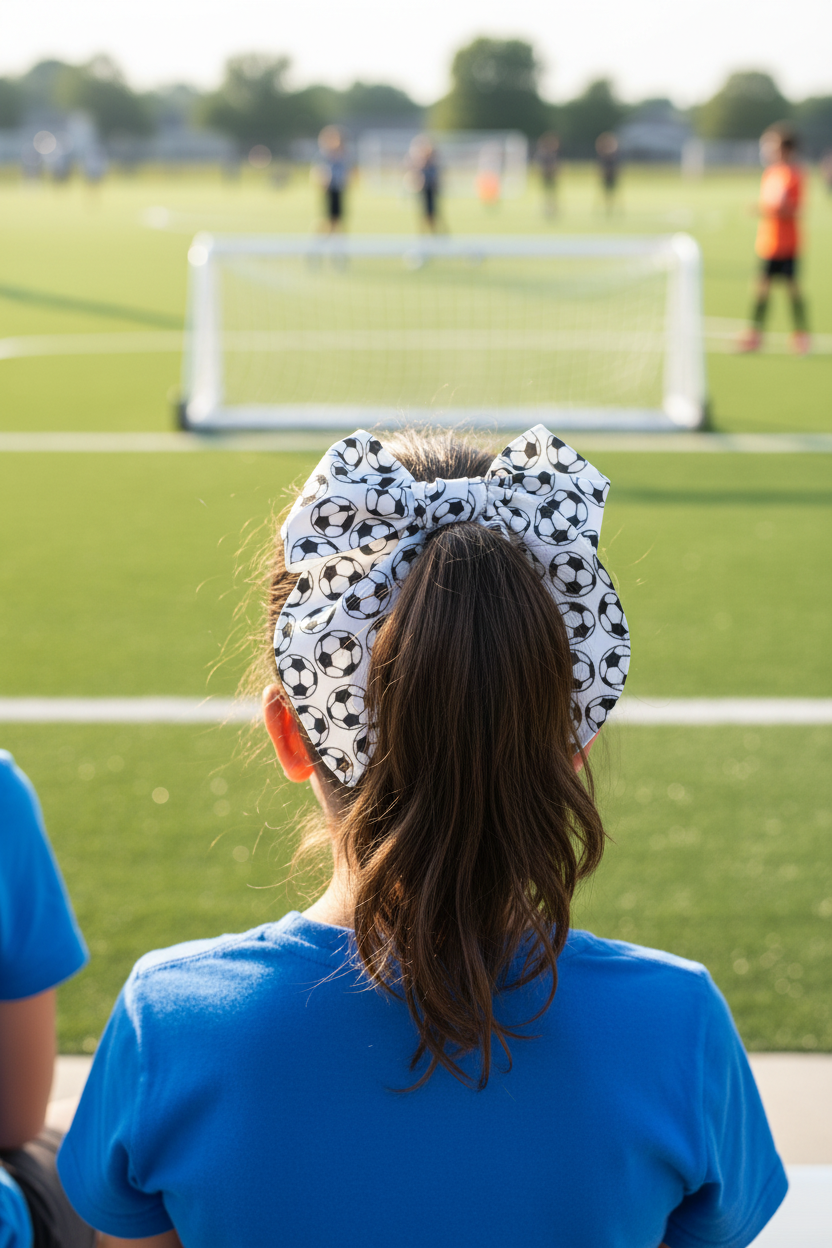 Girl wearing soccer bow in high ponytail at soccer game