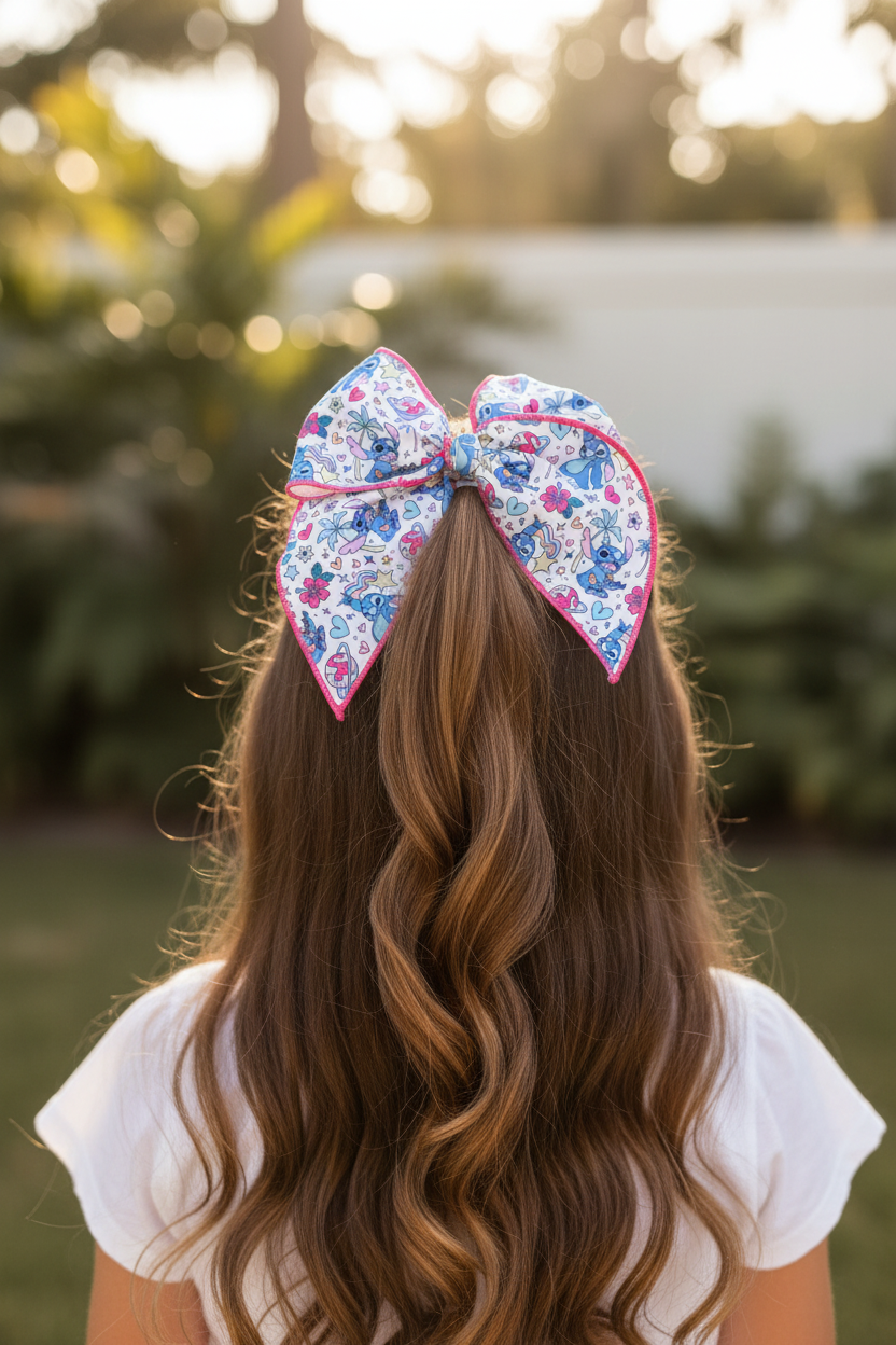 Girl wearing Stitch bow from back in half-up hairstyle