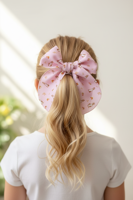 Girl wearing sweet bunny bow from back in ponytail