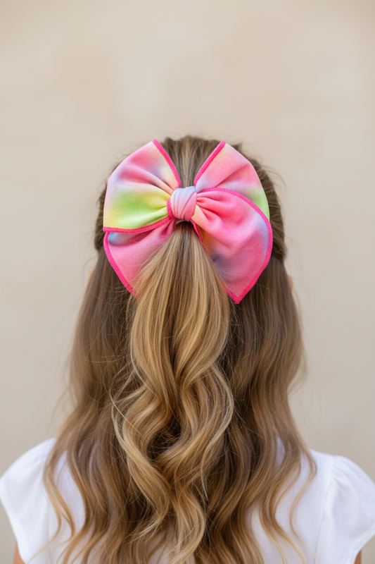 Girl wearing tie-dye bow in half-up half-down hairstyle