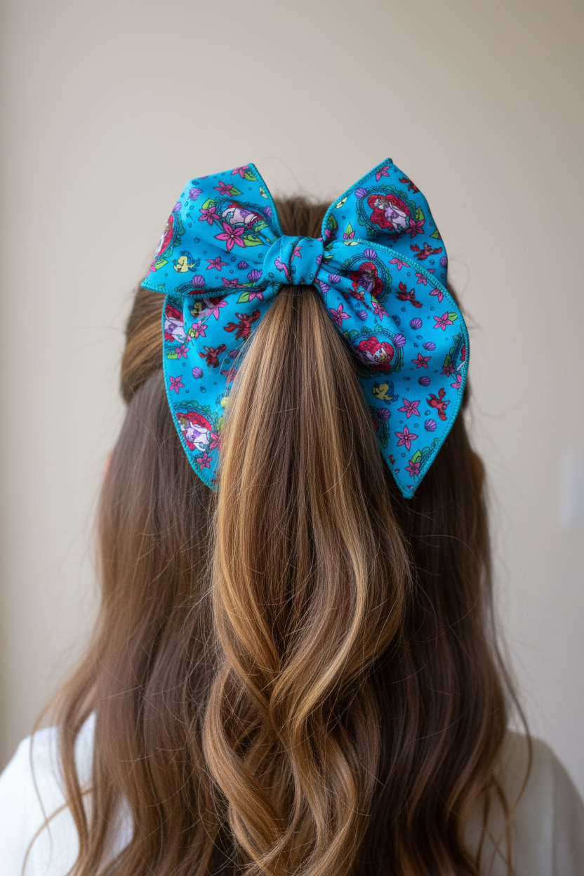 Girl wearing under the sea mermaid bow in half-up half-down hairstyle - back view