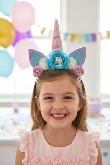 Girl wearing unicorn headband at birthday party