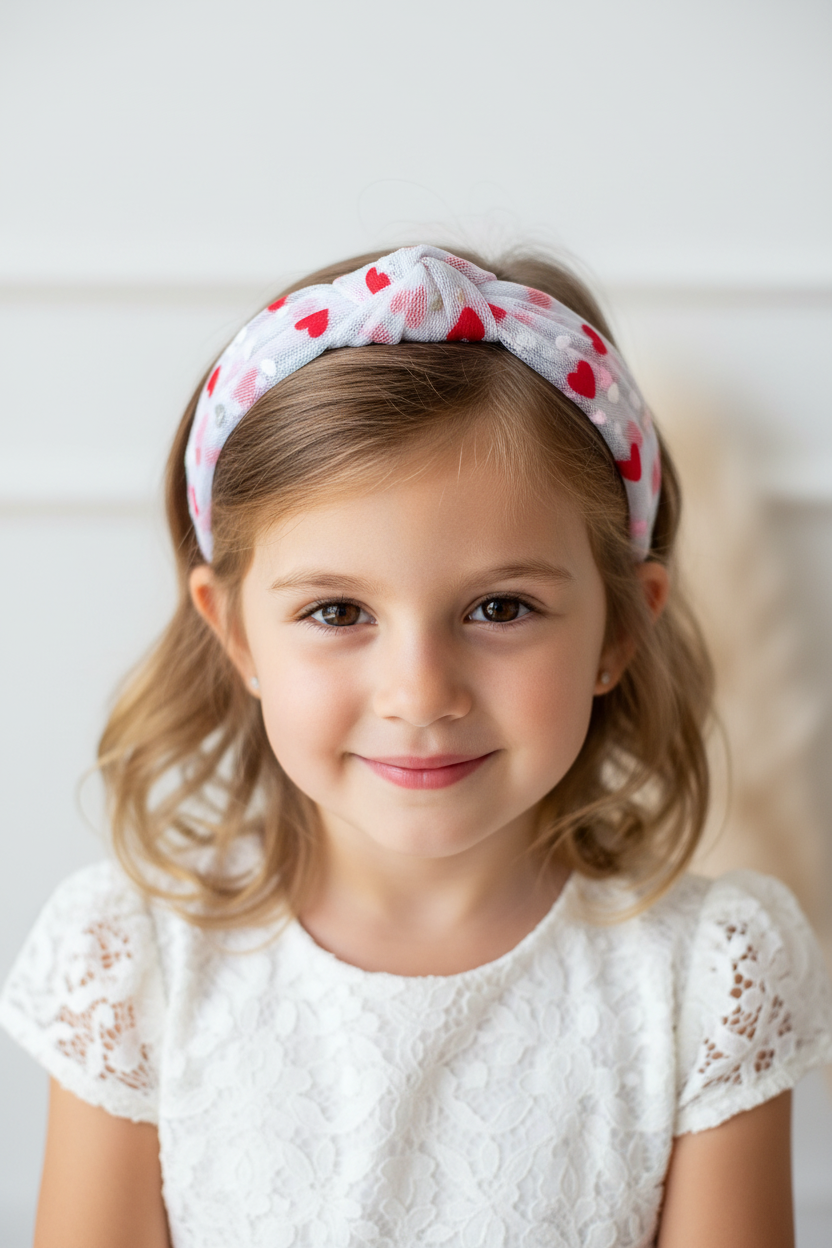 Girl wearing Valentine's Day heart headband - front view