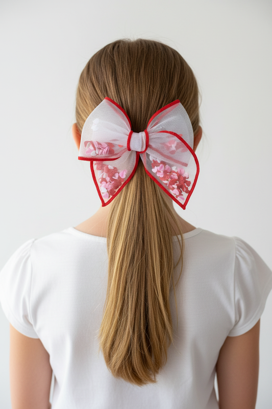 Girl wearing Valentine's shaker bow on low ponytail - back view