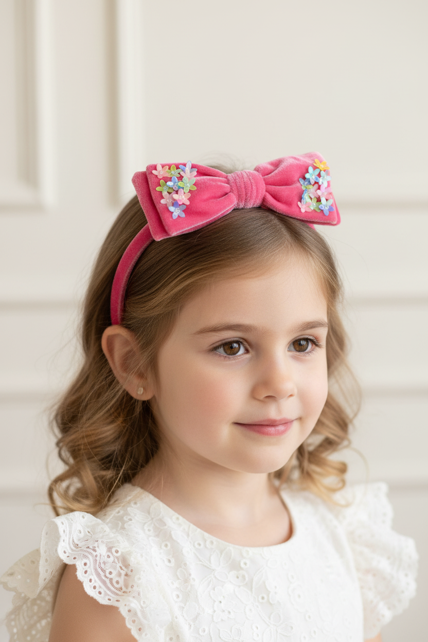 Girl wearing velvet bow headband with sequin flowers
