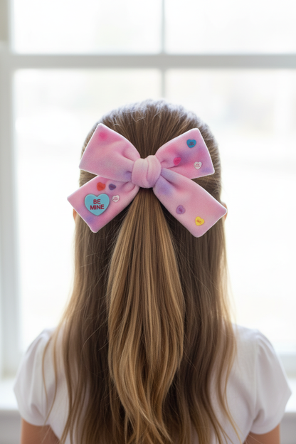 Girl wearing velvet candy heart bow in half-up ponytail - back view