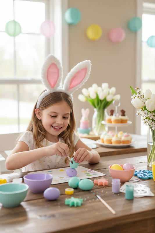 Girl wearing white bunny ears during Easter activity