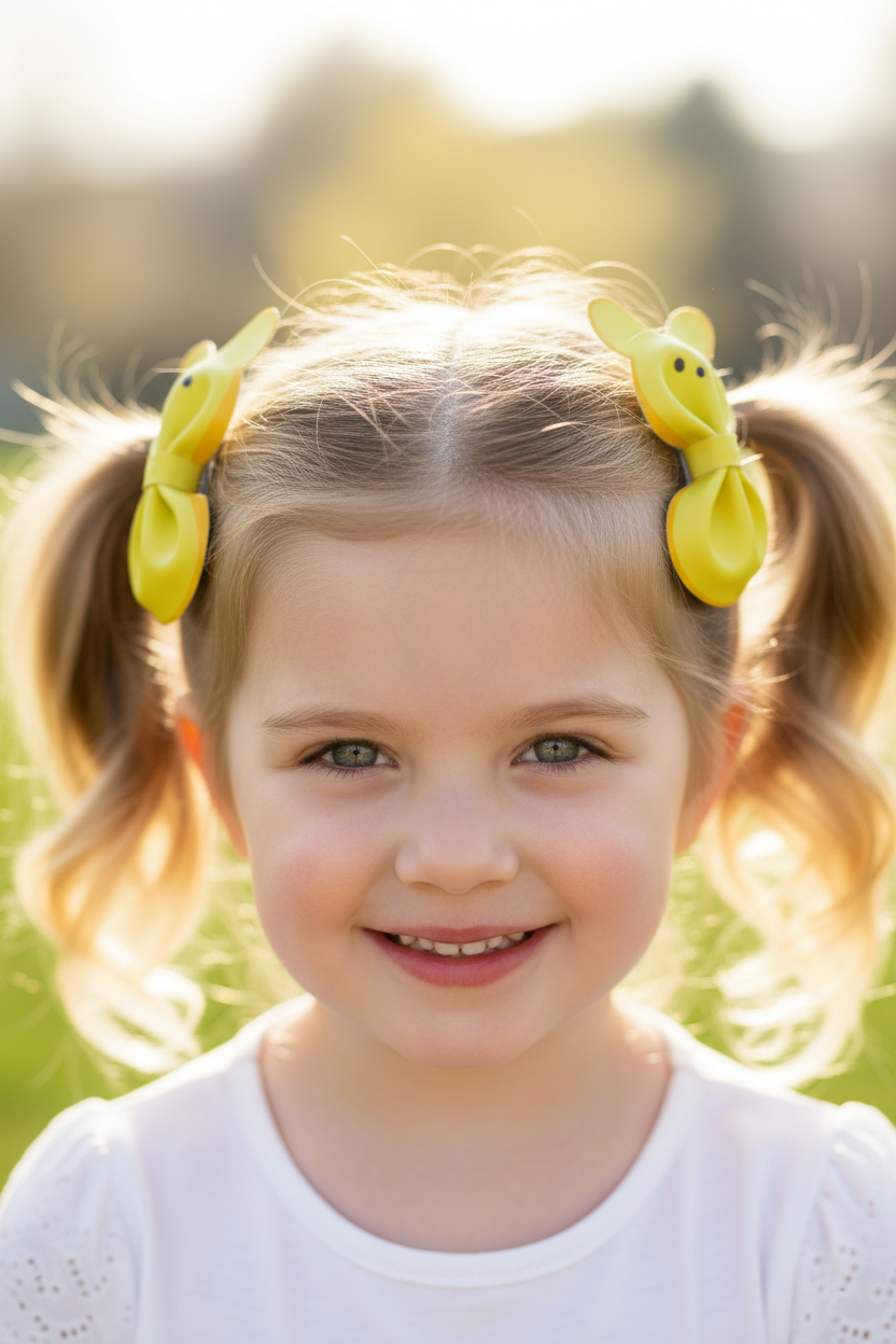 Girl wearing yellow Peeps faux leather bows in pigtails - corrected orientation