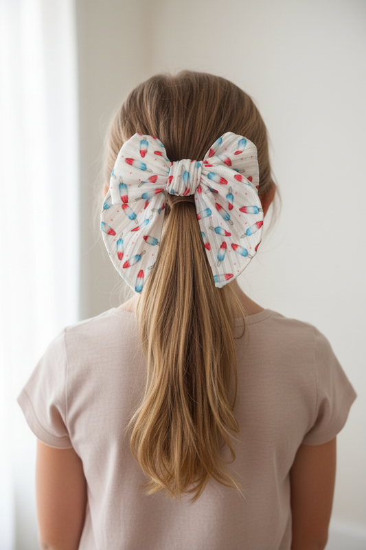 Girl with low half-up ponytail wearing popsicle sailor bow