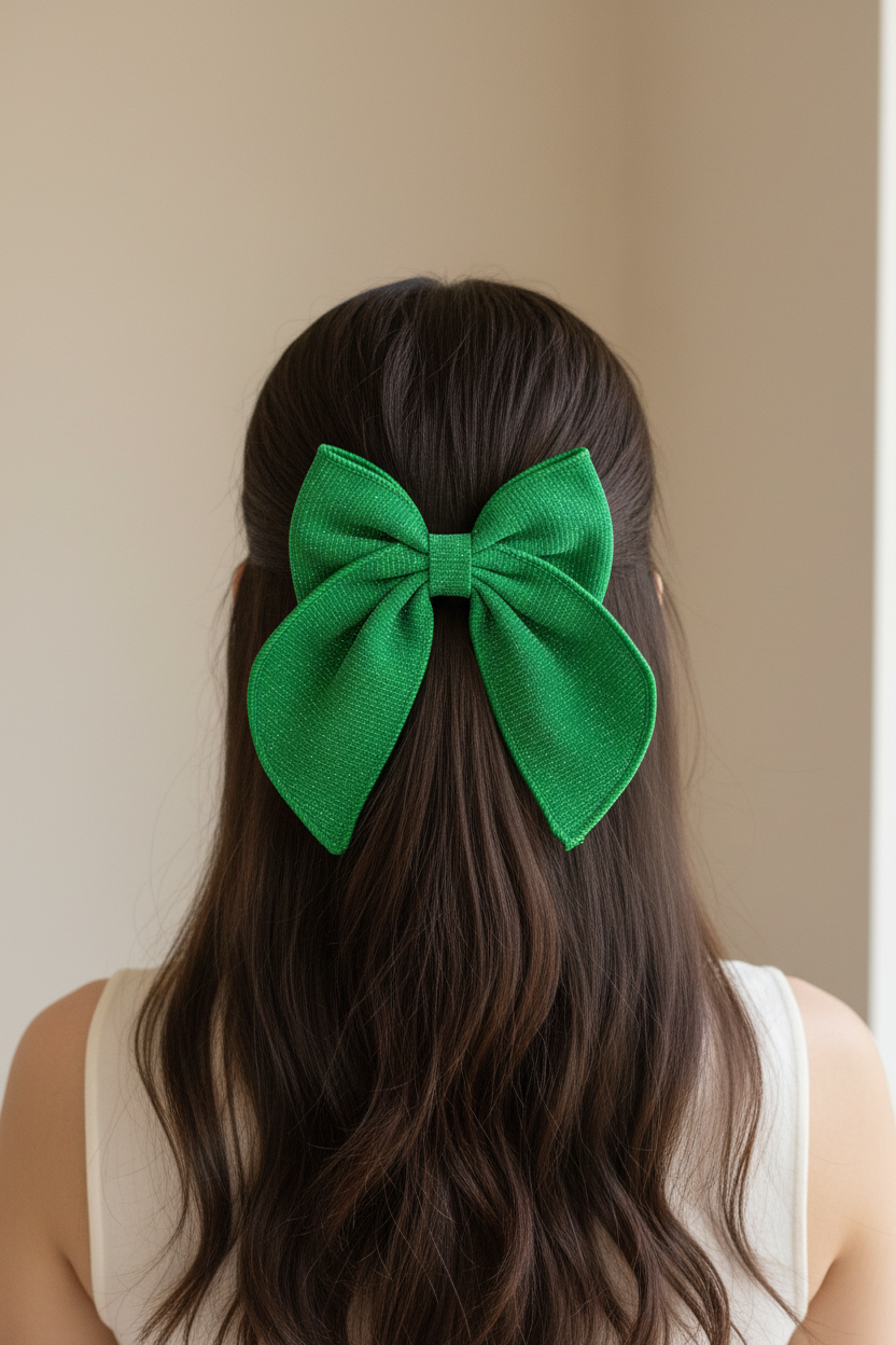 Green Shimmer Bow Half-Up Hairstyle Lifestyle Shot
