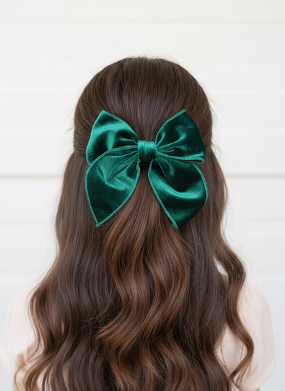 Green velvet bow on half-up half-down hairstyle