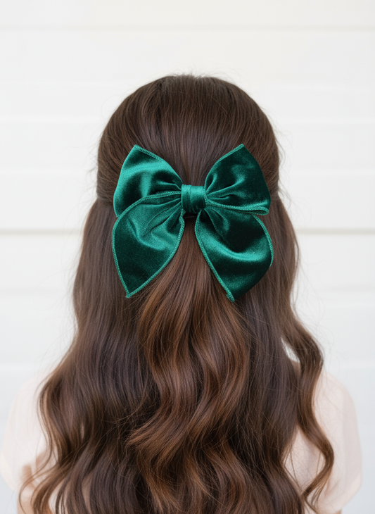 Green velvet bow on half-up half-down hairstyle