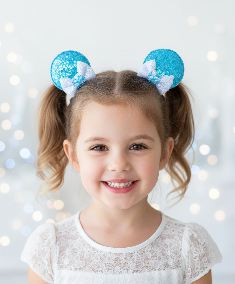 Ice Princess Mouse Ear Clips on Pigtails