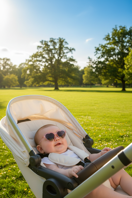 Infant wearing heart sunglasses in stroller at park