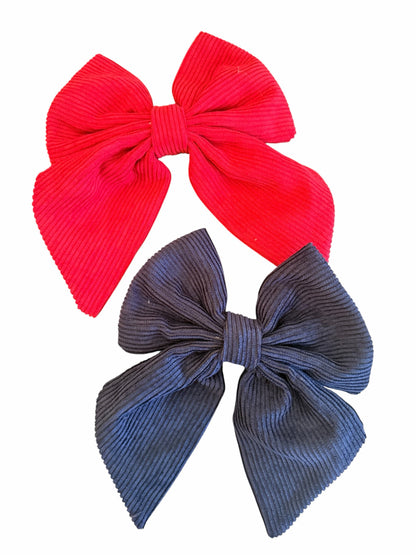 Ribbed Corduroy Sailor Hair Bow for Girls – Navy & Red