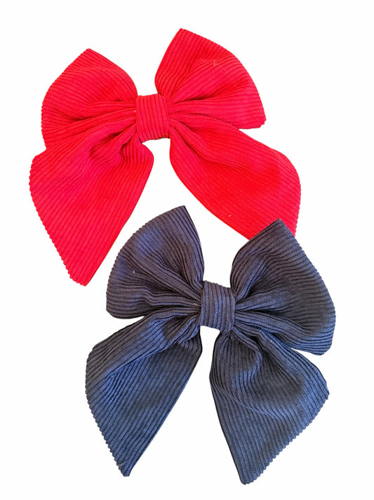 Ribbed Corduroy Sailor Hair Bow for Girls – Navy & Red