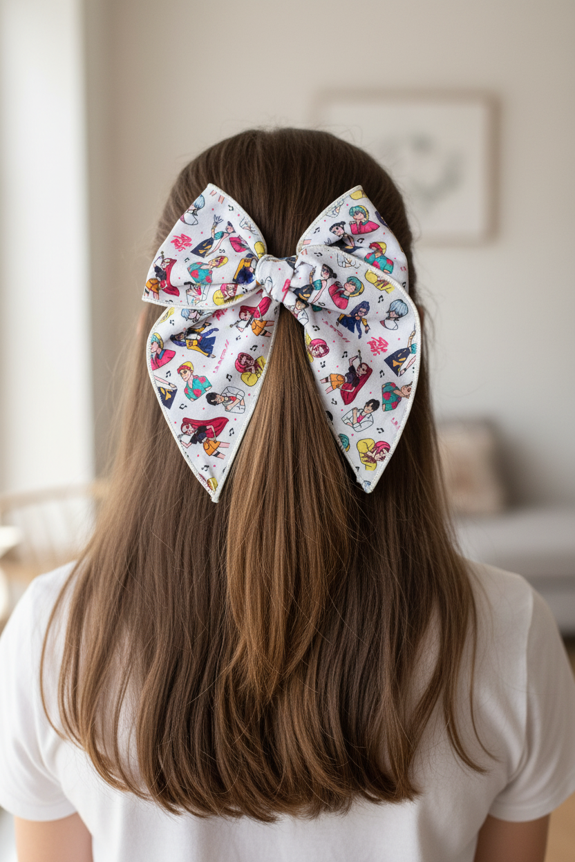K-Pop Print Bow Half-Up Hairstyle