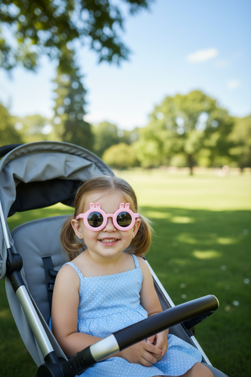 Little girl wearing pink bunny sunglasses in stroller at park