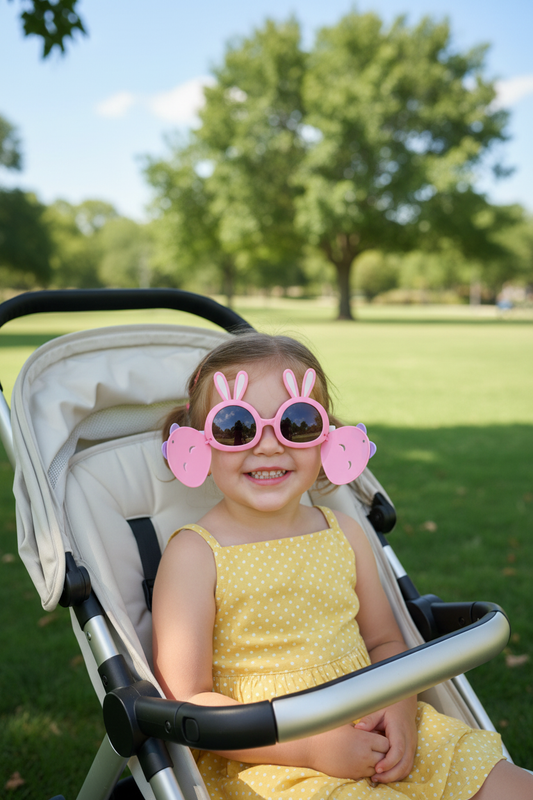 Little girl wearing pink bunny sunglasses with strawberry ear pieces in stroller at park