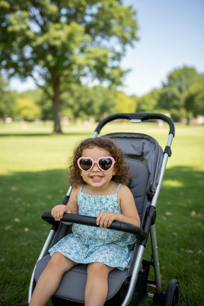 Little girl wearing pink heart sunglasses in stroller at park