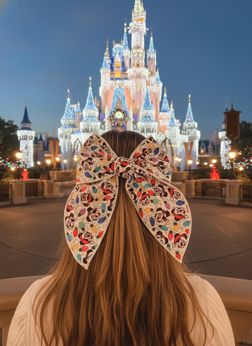 Mickey Christmas Lights Bow Half-Up Lifestyle Image