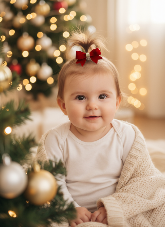 Mini Red Velvet and Gold Bow on Baby