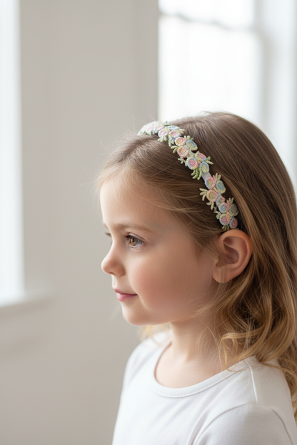 Pastel Floral Lace Headband Side View
