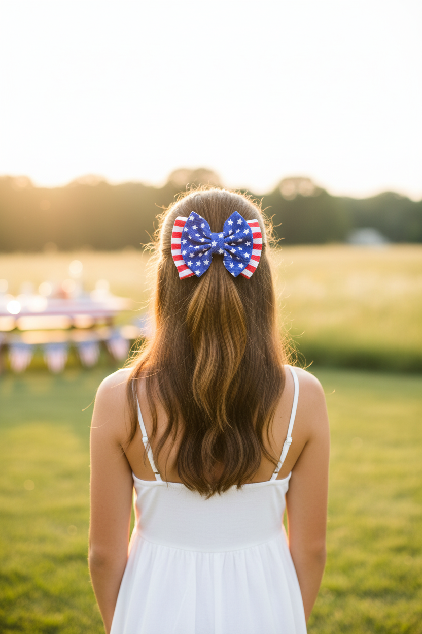 Patriotic Stars & Stripes Bow Half-Up Hairstyle