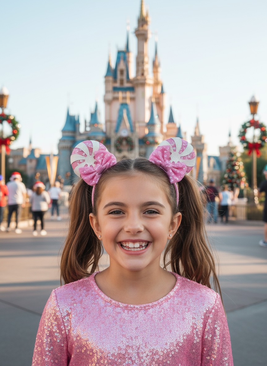 Pink Christmas Mouse Ear Pigtail Clips Lifestyle Image