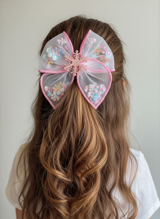 Pink snowflake bow on half-up half-down hairstyle