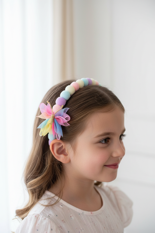 Rainbow Pom Pom Butterfly Headband Side View