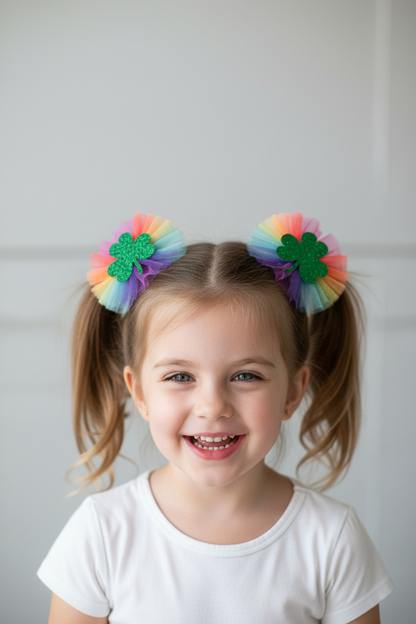 Rainbow Shamrock Tulle Bows Pigtails Lifestyle Shot