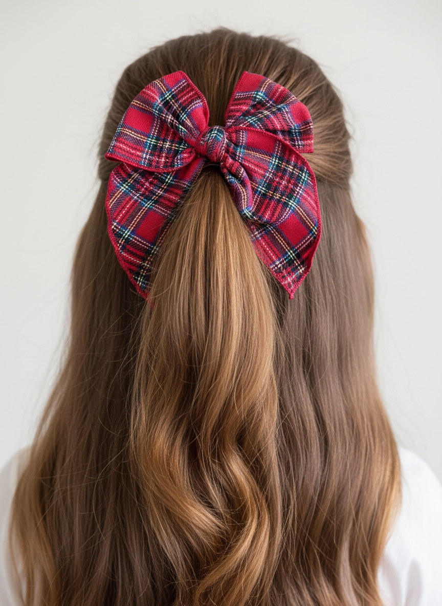 Red plaid bow on half-up half-down hairstyle