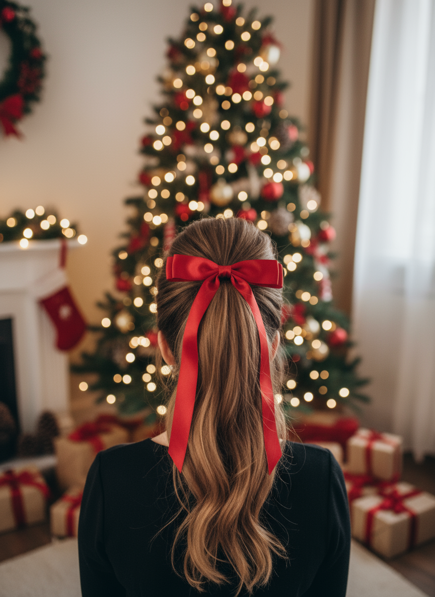 Red Satin Bow Ponytail Lifestyle Image
