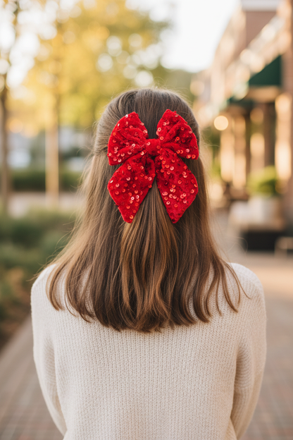 Red Sequin Bow Half-Up Hairstyle