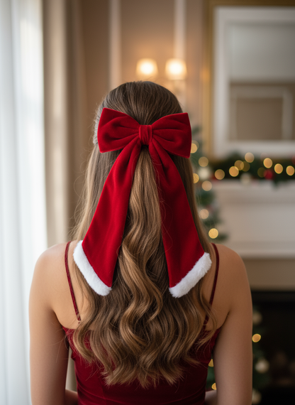 Red velvet bow in half-up ponytail