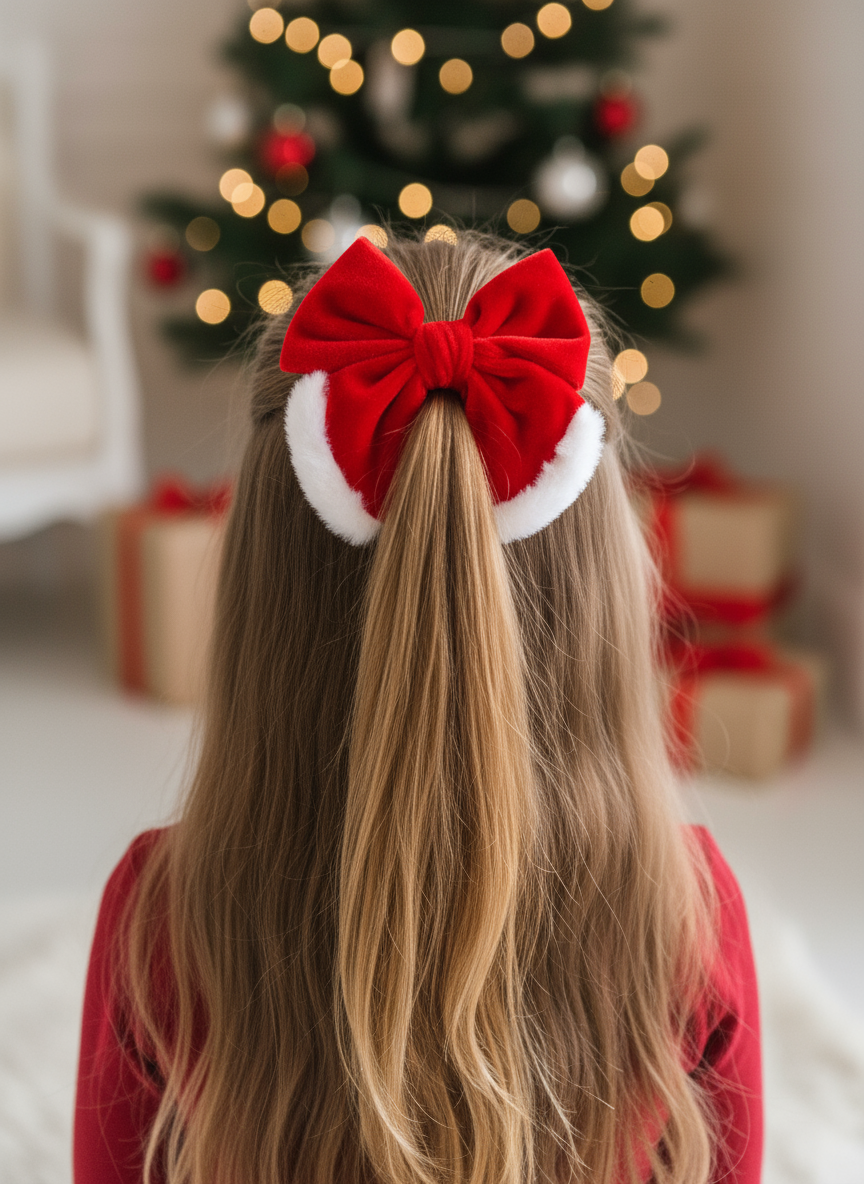 Red velvet Santa bow in child's half-up ponytail