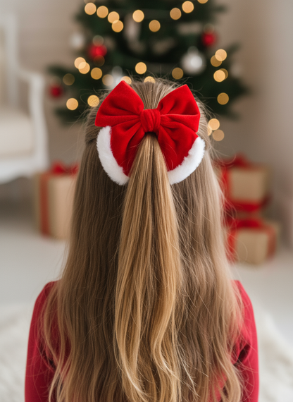 Red velvet Santa bow in child's half-up ponytail